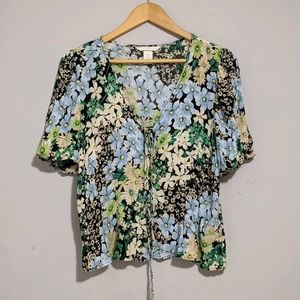 Spring Floral Blouse with Ties and Buttons